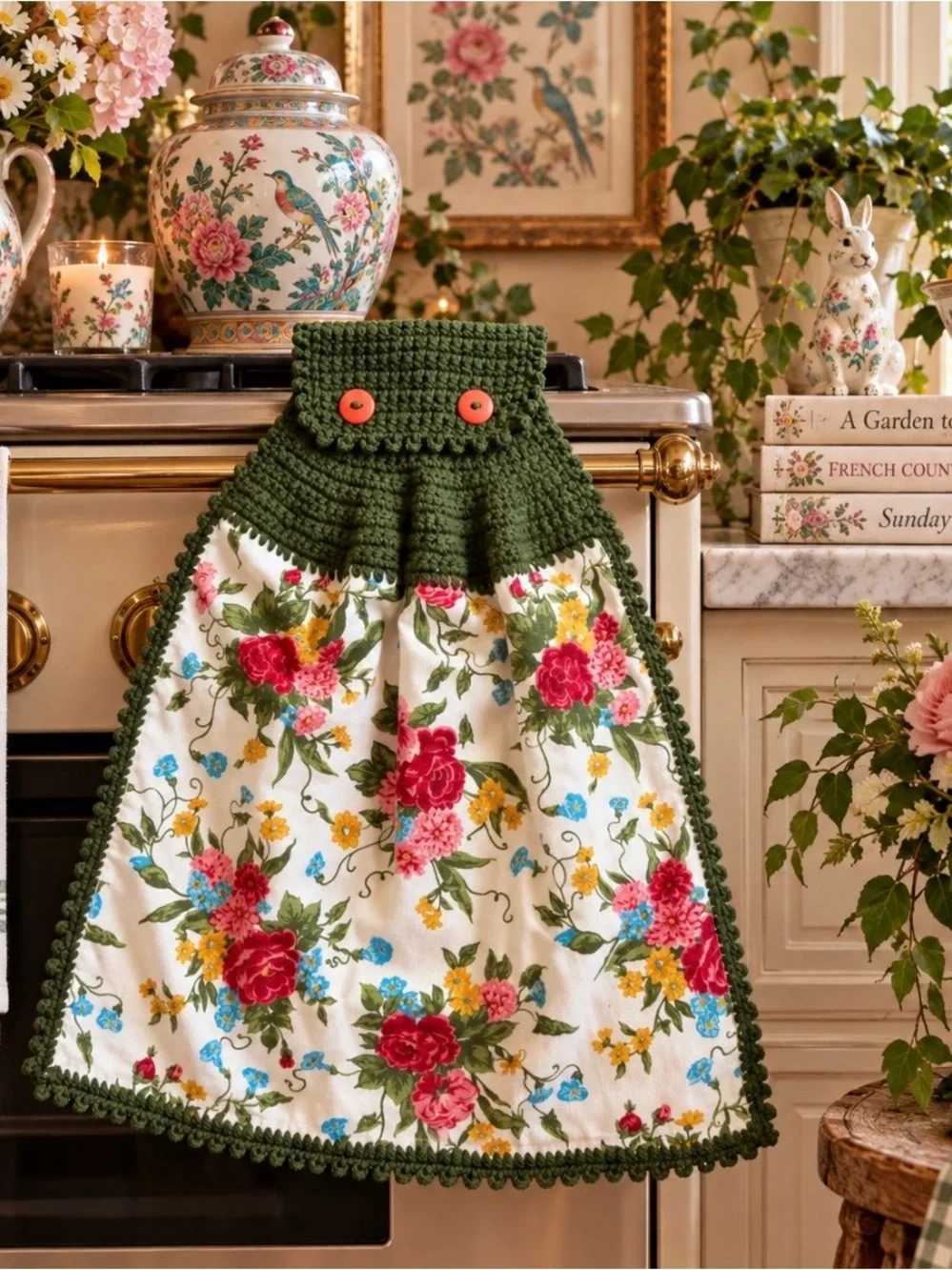 Pioneer Woman Floral Crochet Hanging Kitchen Towel Moss Green Handmade